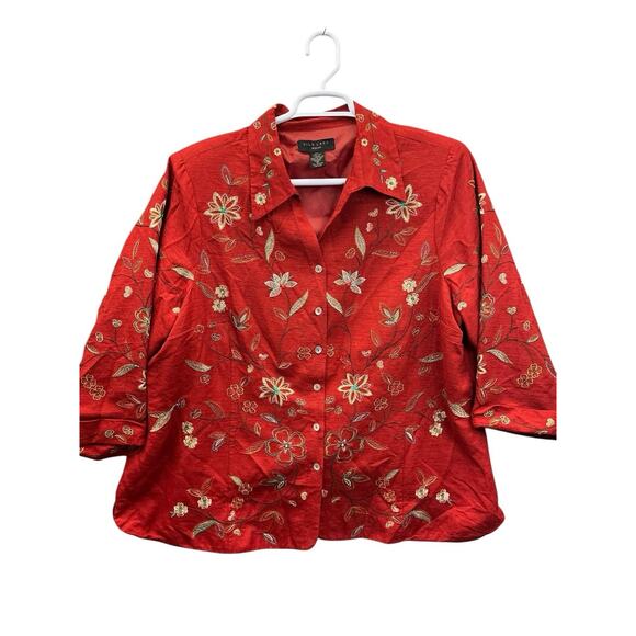 Silk Land Jackets & Blazers - Silk Land Red Floral Embroidered 100% Silk Jacket Blazer 3/4 sleeve SZ.3X